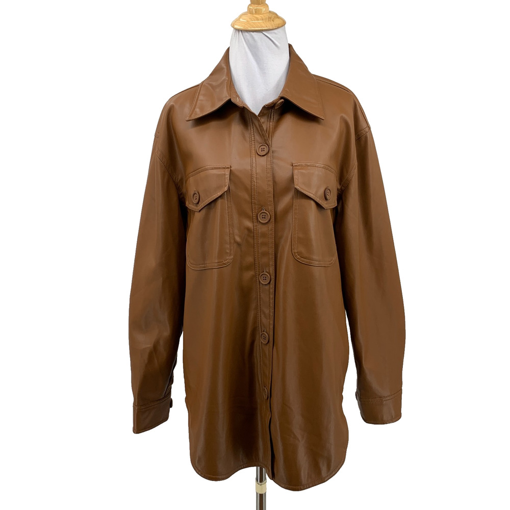 Good American Shacket Womens 00/0 Burnt Caramel Better Than Leather Faux Button